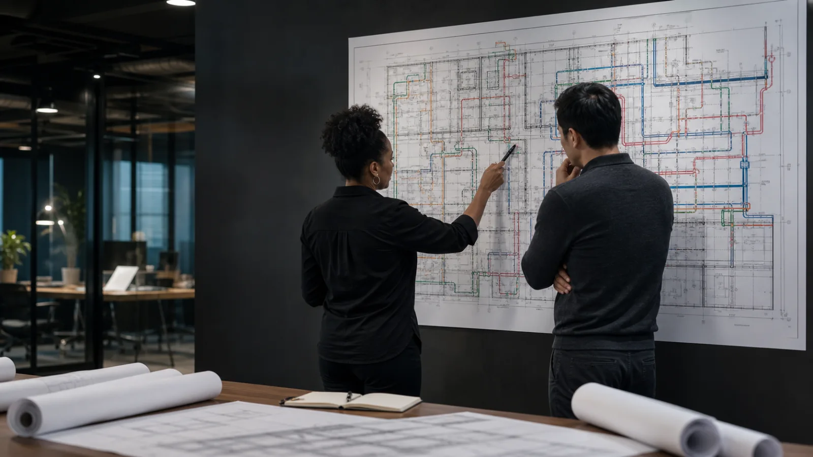 Two MEP engineers reviewing a coordination drawing in a modern studio